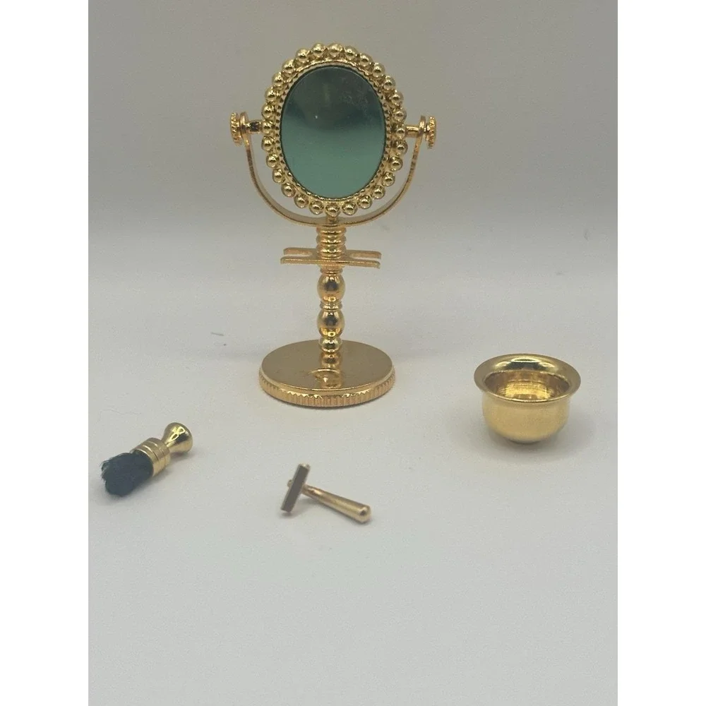 Rare Vintage Brass Miniature Dollhouse Shaving Set with Mirror & Razor